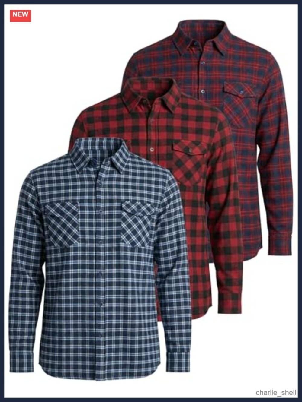 Men's 3-Pack Long-Sleeve Flannel Button-Down Plaid Casual Shirt, Heavyweight